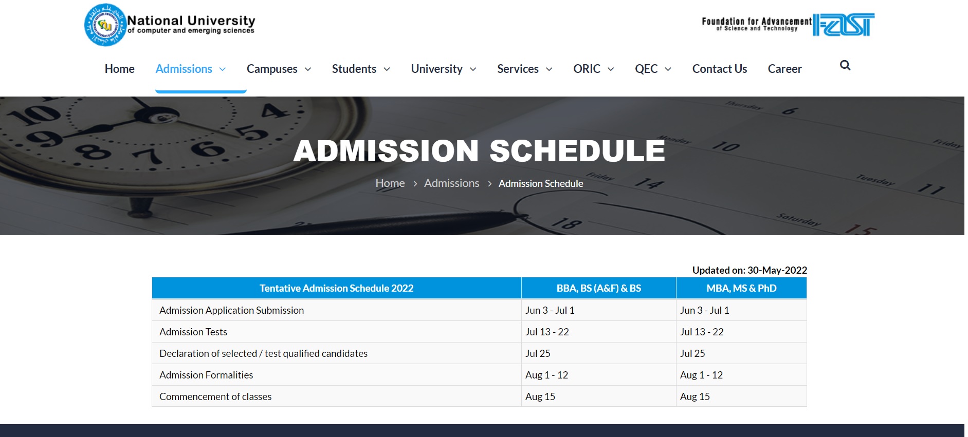 FAST Admission Application Submission Deadline