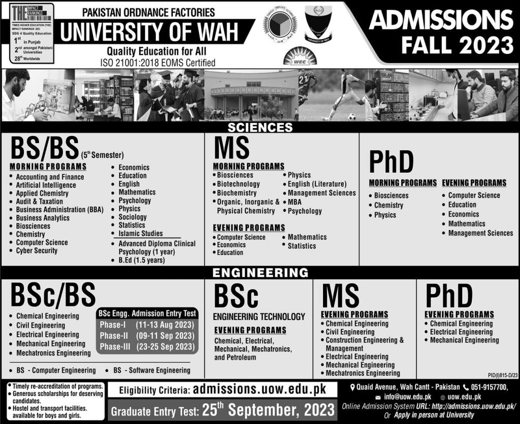 University Of Wah Admissions 2023