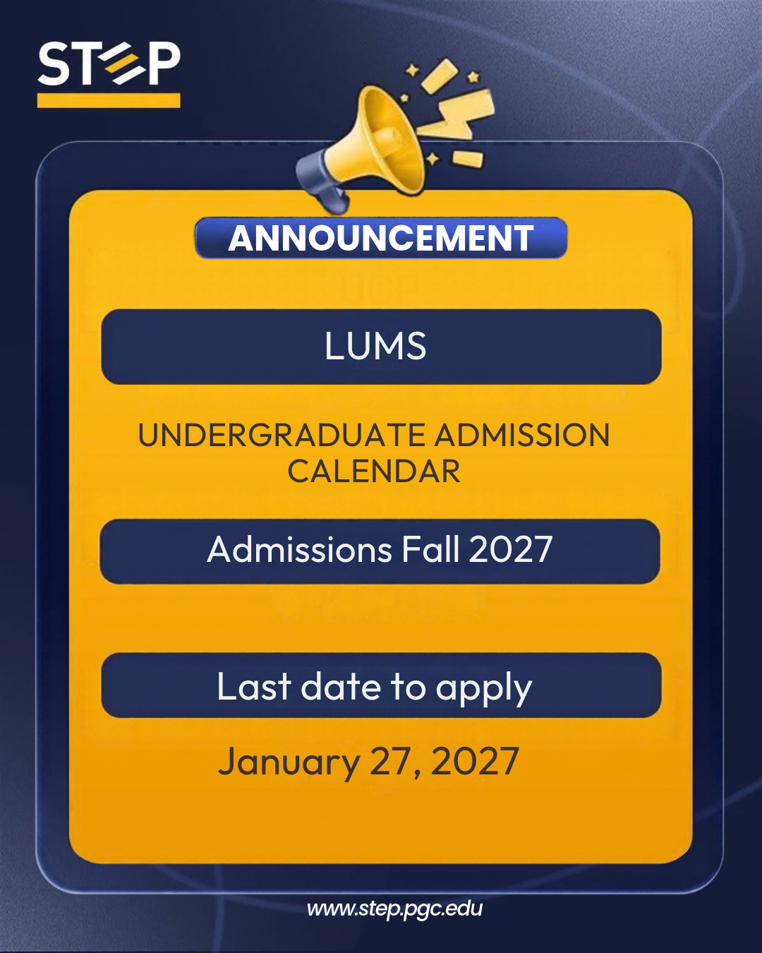 LUMS Admissions Calendar 2027